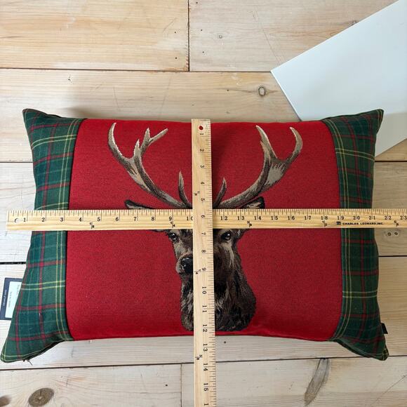 Hines of Oxford NWT Stag Red Buck Tapestry Velvet Feather Pillow Red Green 12x19 - Picture 6 of 6